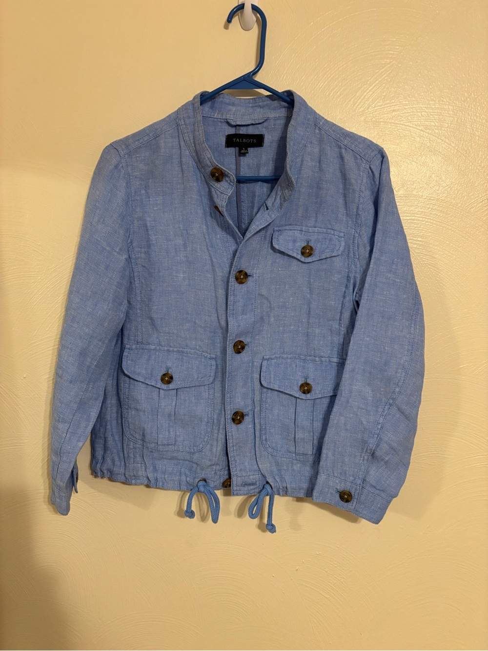 Talbots 100% Linen Utility Jacket Women’s S Blue Safari Drawstring